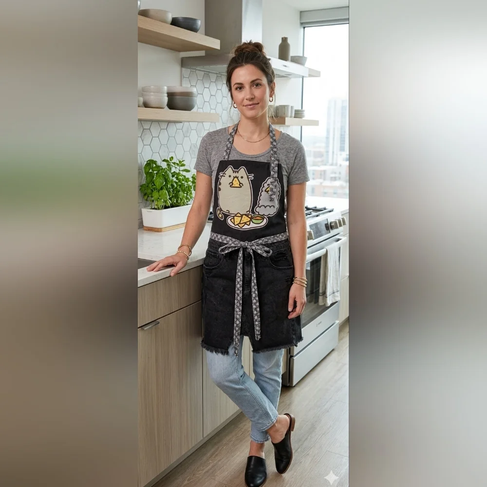 Upcycled Pusheen & Stormy Munching  Nachos Apron  Black Denim Jeans  Hand Craft
